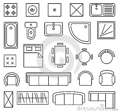 Vector set of outline isolated interior design floor plan objects icons Vector Illustration