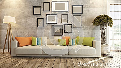 Interior design with frames on concrete wall 3d rendering Stock Photo