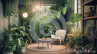 Interior design, green cozy corner in room with lot of indoor plants. Soft armchair, coffee table in relaxation room Stock Photo