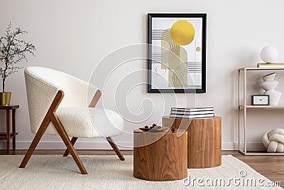 Cozy and stylish living room with mock up poster, white pouf, lamp, consola and personal accessories. Beige wall with carpet. Home Stock Photo