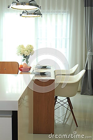 Interior Design Kitchens and Islands are connected from the dining area. Stock Photo