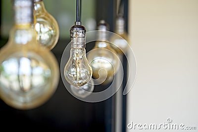 Interior design of lamp.Decorative antique style filament light bulbs hanging. Lighting lamp under the ceiling Stock Photo