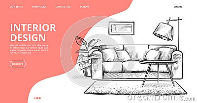 Interior design landing page. Vector sketch of living room. Hand drawn furniture Vector Illustration