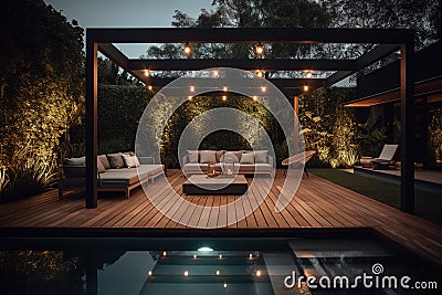 Interior design of a lavish side outside garden at evening, with a teak hardwood deck and a black pergola Stock Photo