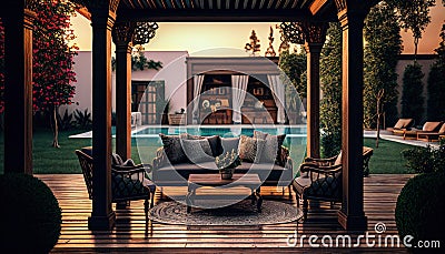 The interior design of a lavish side outside garden. Generative AI. Stock Photo