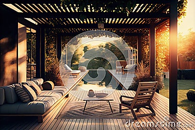 The interior design of a lavish side outside garden, with a teak hardwood deck and a black pergola. Generative AI. Stock Photo