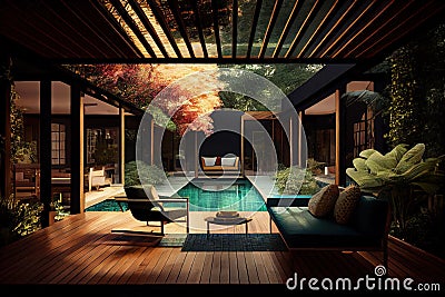 The interior design of a lavish side outside gardenl. Generative AI. Stock Photo