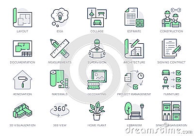 Interior design line icons. Vector illustration include icon - architecture, blueprint, project calculation Vector Illustration