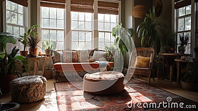 Interior deisgn of Living Room in Bohemian style with Large windows Stock Photo