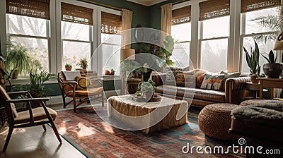 Interior deisgn of Living Room in Bohemian style with Large windows Stock Photo