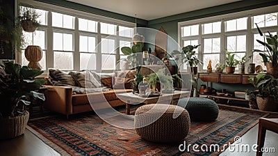 Interior deisgn of Living Room in Bohemian style with Large windows Stock Photo