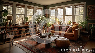 Interior deisgn of Living Room in Bohemian style with Large windows Stock Photo