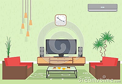 Interior design of living room in flat style with furniture, sofa, table, tv, flower, air conditioning and clock. Vector Illustration