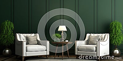 Interior design of living room with white armchairs over the dark green planks paneling wall. Farmhouse style Stock Photo