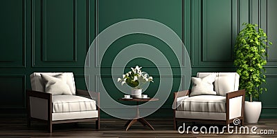 Interior design of living room with white armchairs over the dark green planks paneling wall. Farmhouse style Stock Photo