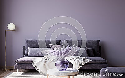 Interior design of luxury living room with stylish sofa, purple vase , and elegant accessories on purple empty wall Stock Photo