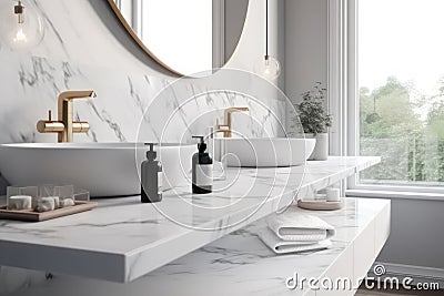 Interior design, marble bathroom. Sinks and window. AI generative Stock Photo