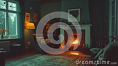 Interior design of minimalistic living room with cozy sofa and burning fireplace Stock Photo