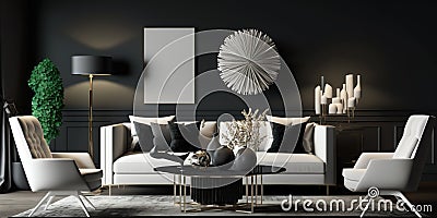 Interior design of modern apartment, beige sofa in living room, gray armchairs, black wall mockup in home design - Generative AI Stock Photo