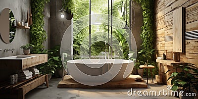 Interior design of modern bathroom with wooden rustic elements and greenery Stock Photo