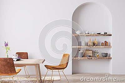 Interior design of modern dining room with orange furniture, Scandinavian style Stock Photo