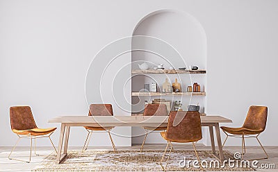 Interior design of modern dining room with orange furniture, Scandinavian style Stock Photo