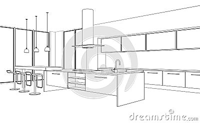 Interior Design modern Kitchen Drawing Plan Stock Photo