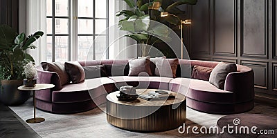 Interior design of modern living room with purple velvet sofa. Created with generative AI Stock Photo