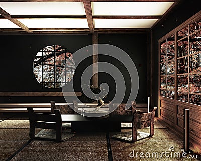 Interior design,modern living room with table katana sword lamp and bonsai tree on room tatami mat floor,The design is hard to Stock Photo