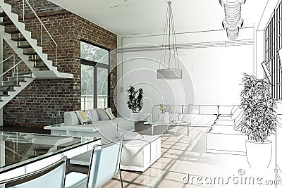 Interior Design Modern Loft Drawing Gradation Into Photograph Stock Photo