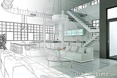 Interior Design Modern Loft Drawing Gradation Into Photograph Stock Photo