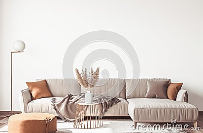 Interior design of modern Scandinavian apartment, living room in neutral colors, Cartoon Illustration