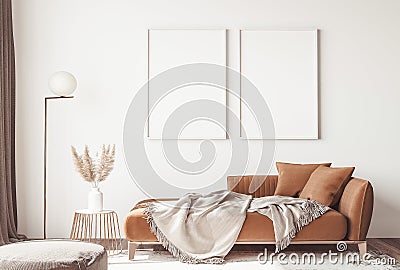Interior design of modern Scandinavian apartment, living room in neutral colors, Cartoon Illustration