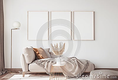 Interior design of modern Scandinavian apartment, three empty frames . neutral colors, Cartoon Illustration