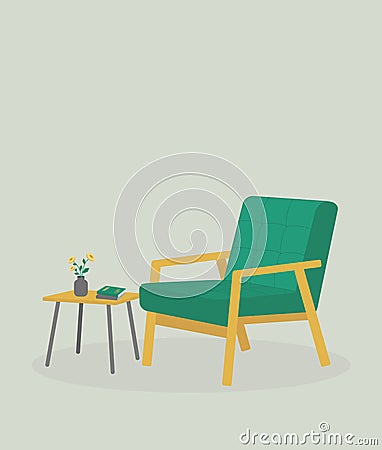 Interior design with Modern vintage cozy wooden green armchair and small table with vase, flowers, books. Interior elements, calm Vector Illustration