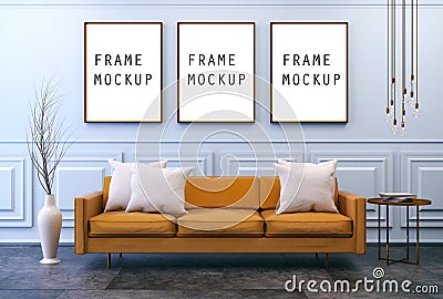 Modern vintage interior with Mock up poster ,living room, Brown leather sofa on dark concrete flooring and classic blue wall ,F Stock Photo
