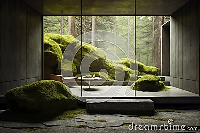 Abstract and minimalist interior design elements made from stone and moss Stock Photo