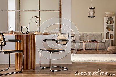 Interior design of open space interior with round table, rattan chair, window, vase with dried flowers, modular sofa, wooden Stock Photo