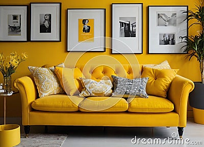 Interior design with photoframes and yellow couch Stock Photo