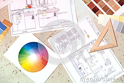 Interior design plan with tools and pallete Stock Photo