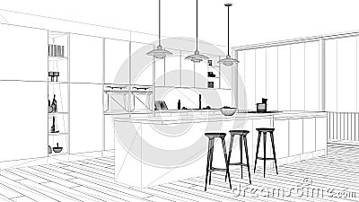 Interior design project, black and white ink sketch, architecture blueprint showing minimalist kitchen with island and big panoram Stock Photo