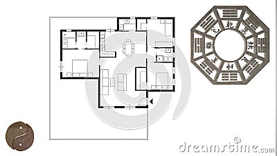 Interior design project with feng shui consultancy, home apartment flat plan, top view with bagua and tao symbol, yin and yang Stock Photo