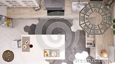 Interior design project with feng shui consultancy, kitchen plan, top view with bagua and tao symbol, yin and yang polarity, Stock Photo