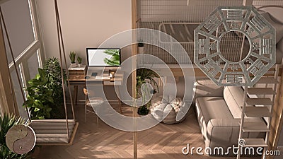 Interior design project with feng shui consultancy, studio apartment with bunk loft bed, top view with bagua and tao symbol, yin Stock Photo