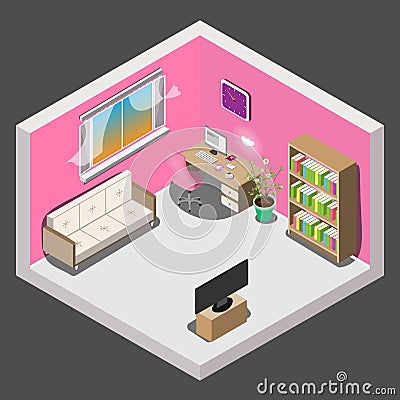 Interior design of room for girl in isometric Vector Illustration