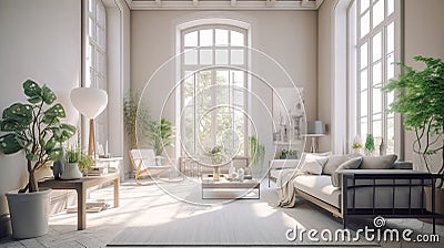 Interior design in Scandinavian style, modern living room in country house, villa, hotel. Minimalism, panoramic windows Stock Photo
