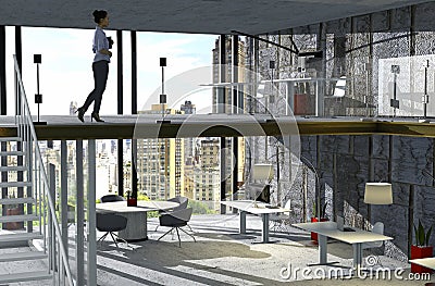 Interior design for a studio, an office in a loft inside a skyscraper. Work stations and park view Stock Photo