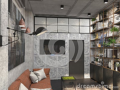 Interior design of the study in the office for the head in the loft style. 3D visualization of the cabinet. Stock Photo