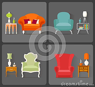 Interior Design. Vector icons with the image of furniture in different styles. Vector Illustration