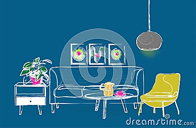 Interior design vector illustration. furniture art drawing. trendy modern contemporary style. hand drawn. sketch. pink yellow armc Vector Illustration